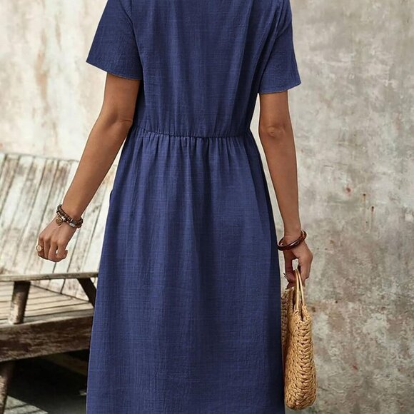 Women's Cotton Linen Midi Dress Casual Short Sleeve Flowly Beach Tunic - Picture 7 of 7